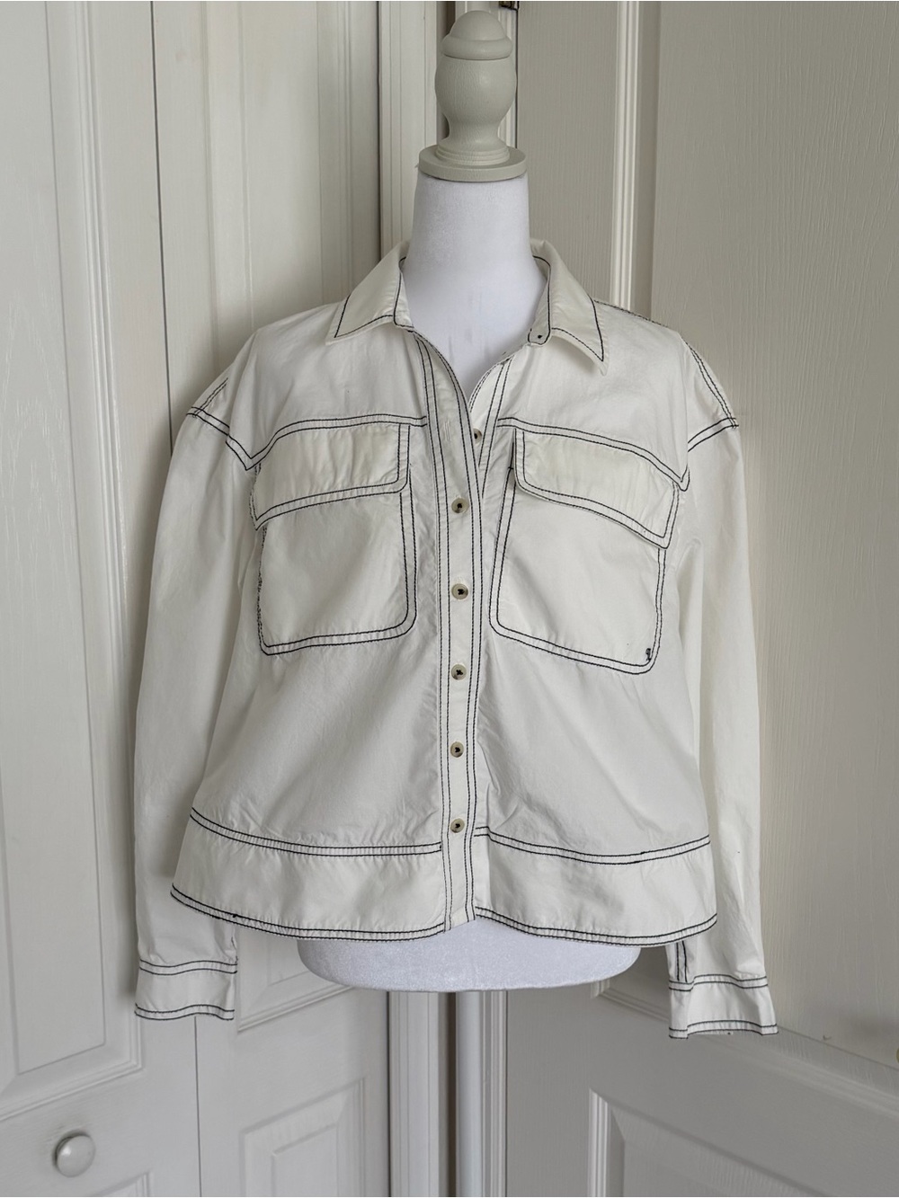 Pilcro White Jean Jacket with Black Contrast Stitching